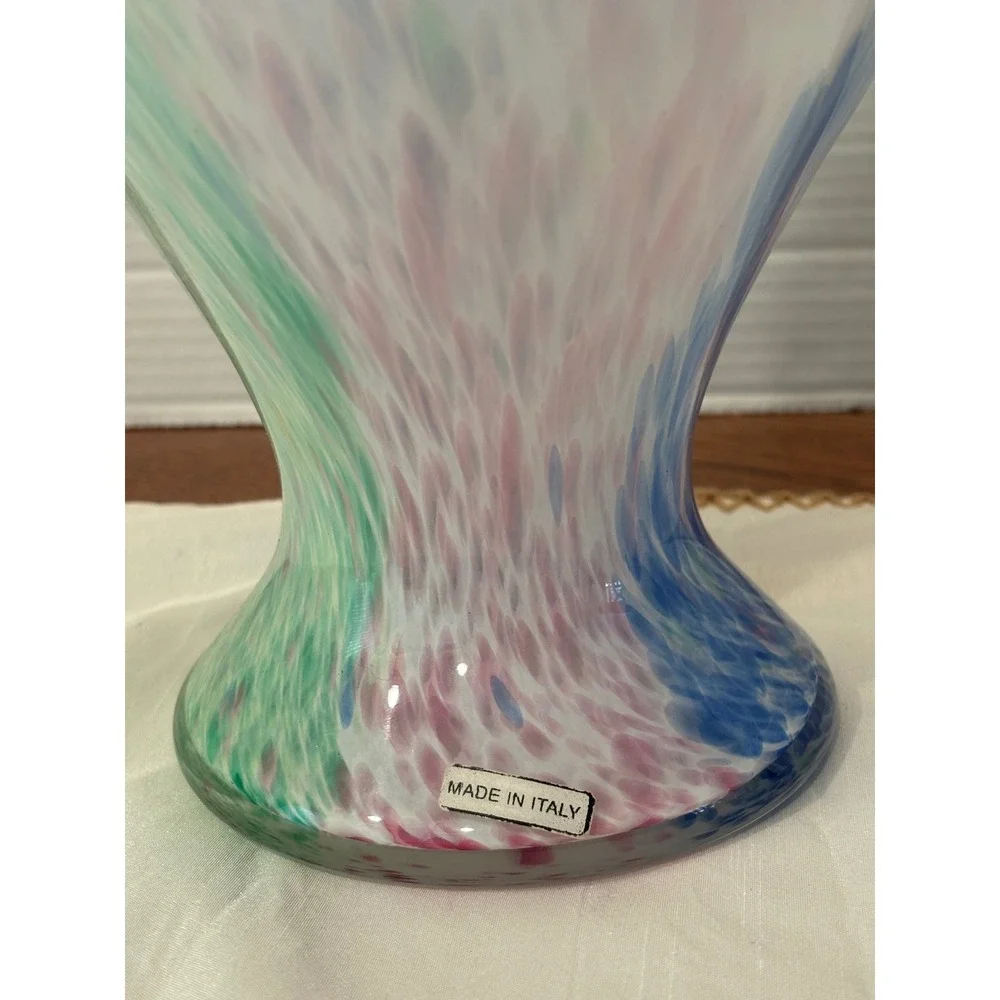 Arte Murano Glass Vase Ruffled Rim Confetti Blue Pink Green  11.75